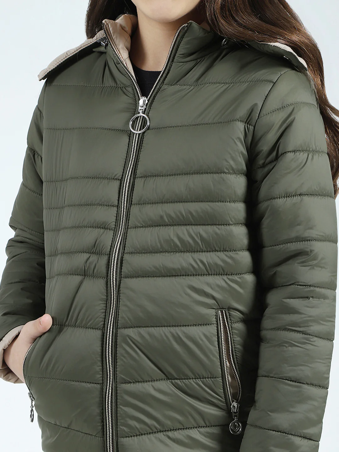 Girls Olive Solid Detachable Hood Full Sleeve Jacket - Image 7