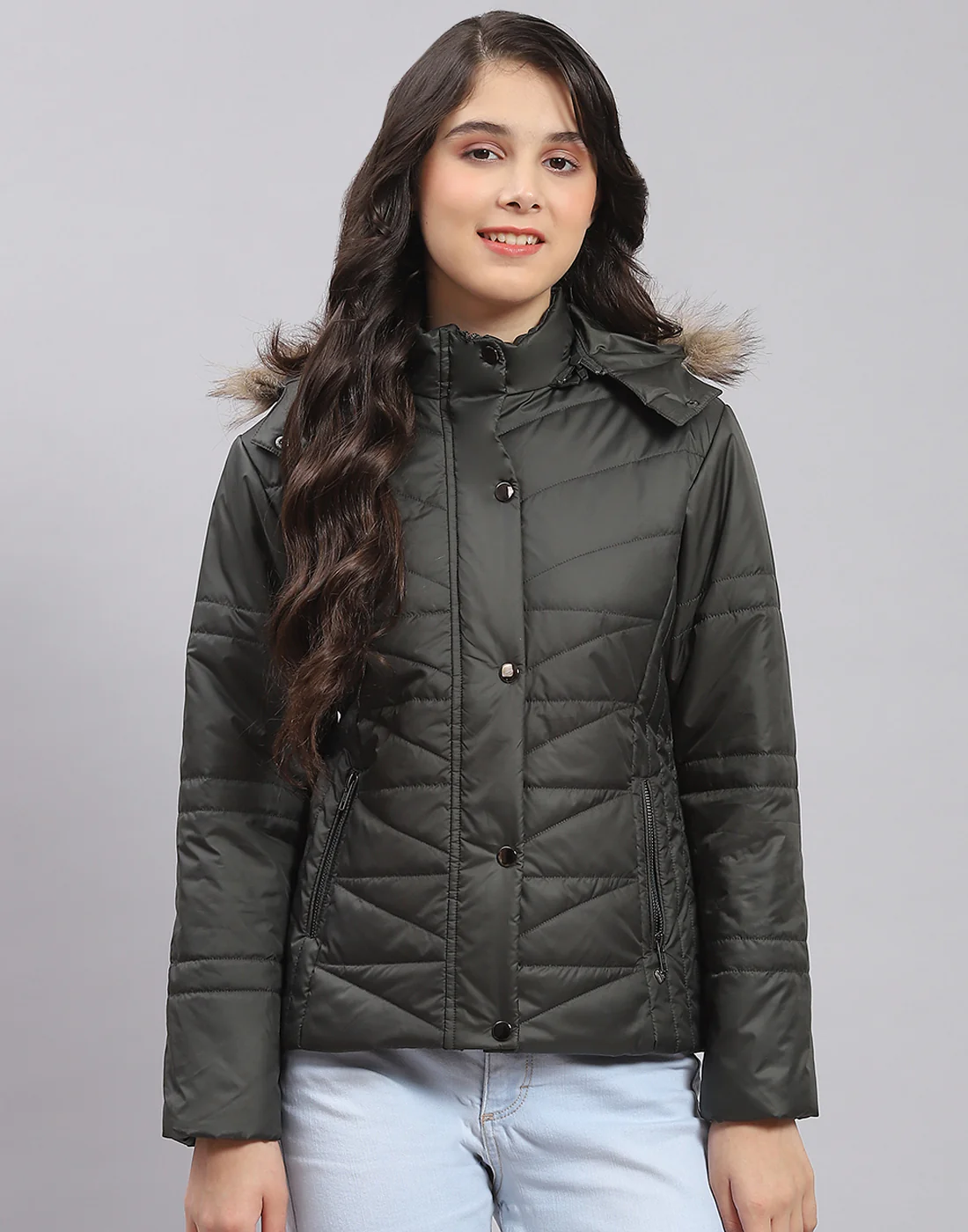 Girls Olive Solid Hooded Full Sleeve Girls Jacket - Image 3