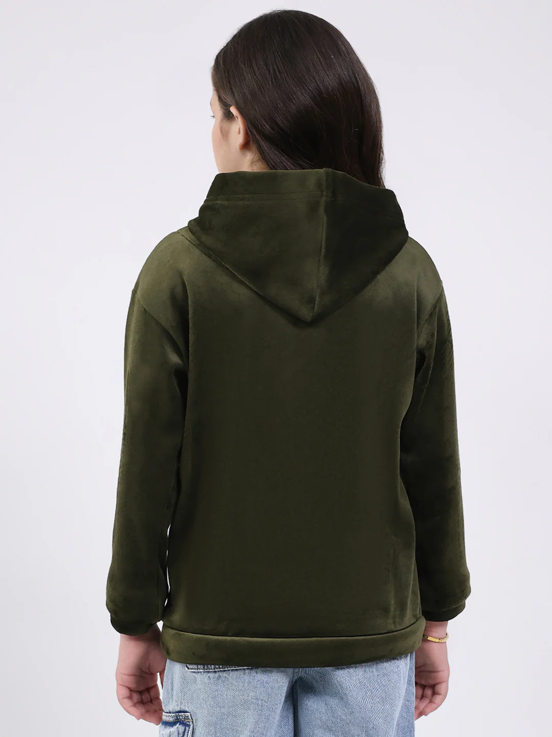 Girls Olive Solid Hooded Full Sleeve Sweatshirt - Image 5