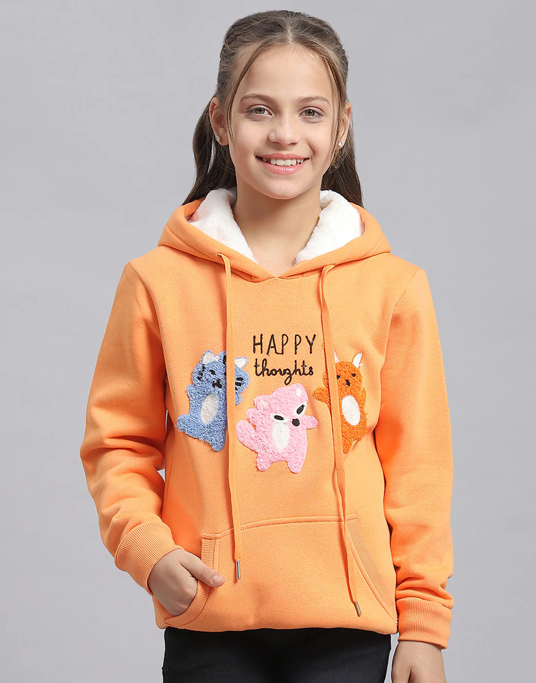 Girls Orange Embroidered Hooded Full Sleeve Sweatshirt - Image 2