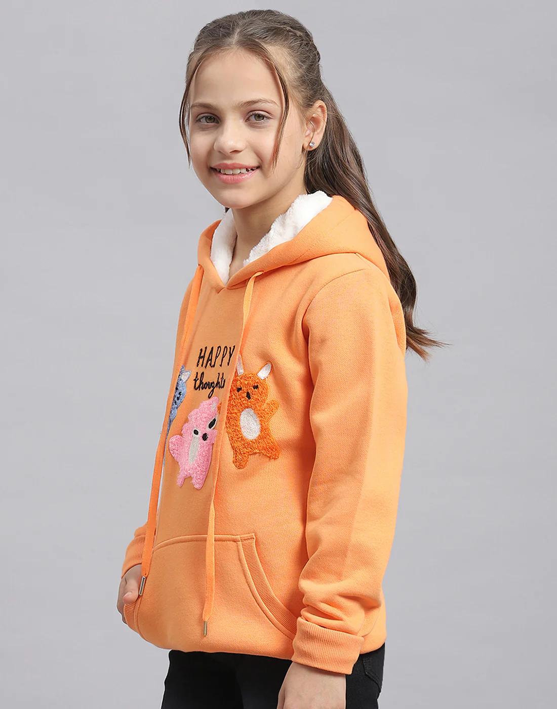 Girls Orange Embroidered Hooded Full Sleeve Sweatshirt - Image 3