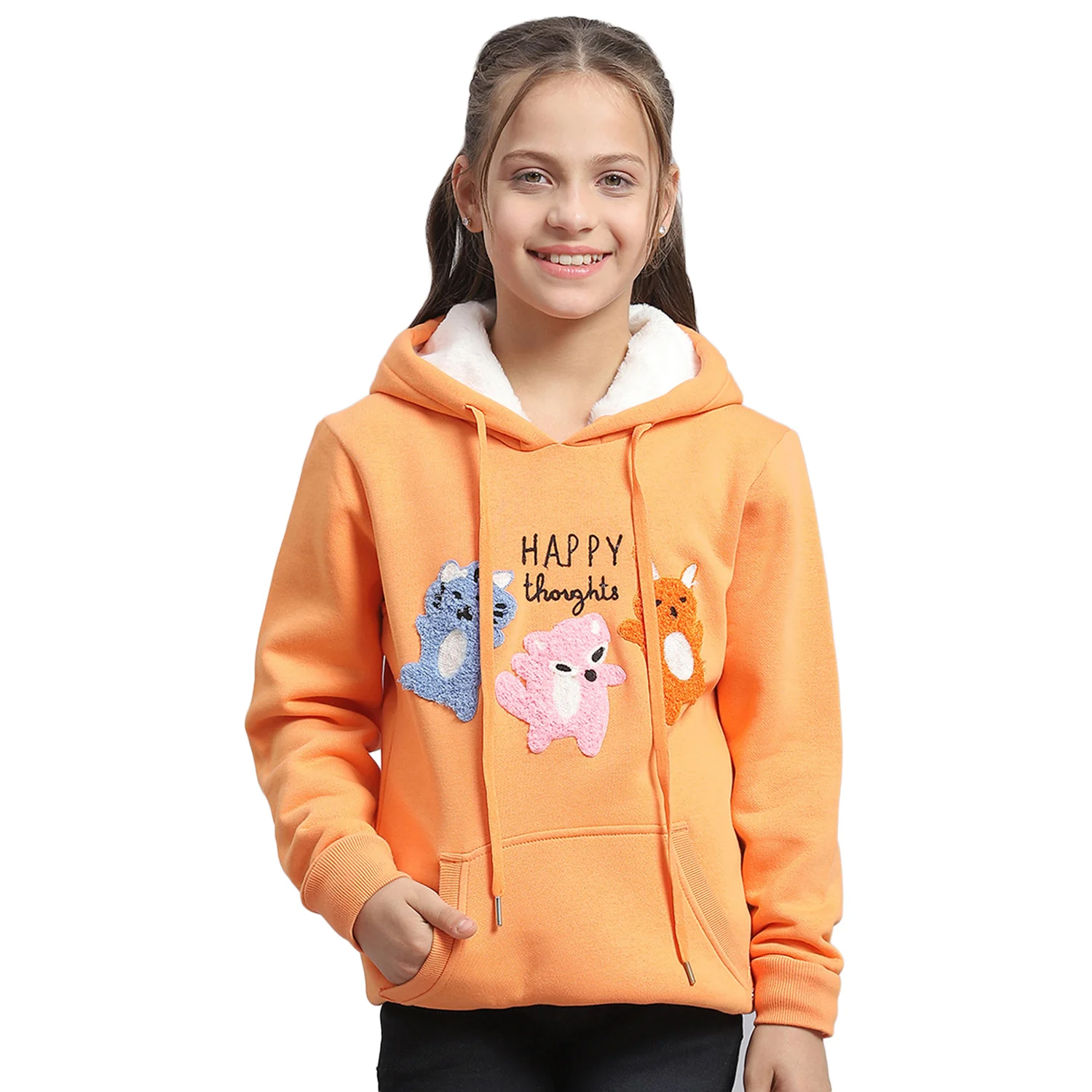Girls Orange Embroidered Hooded Full Sleeve Sweatshirt - Image 5