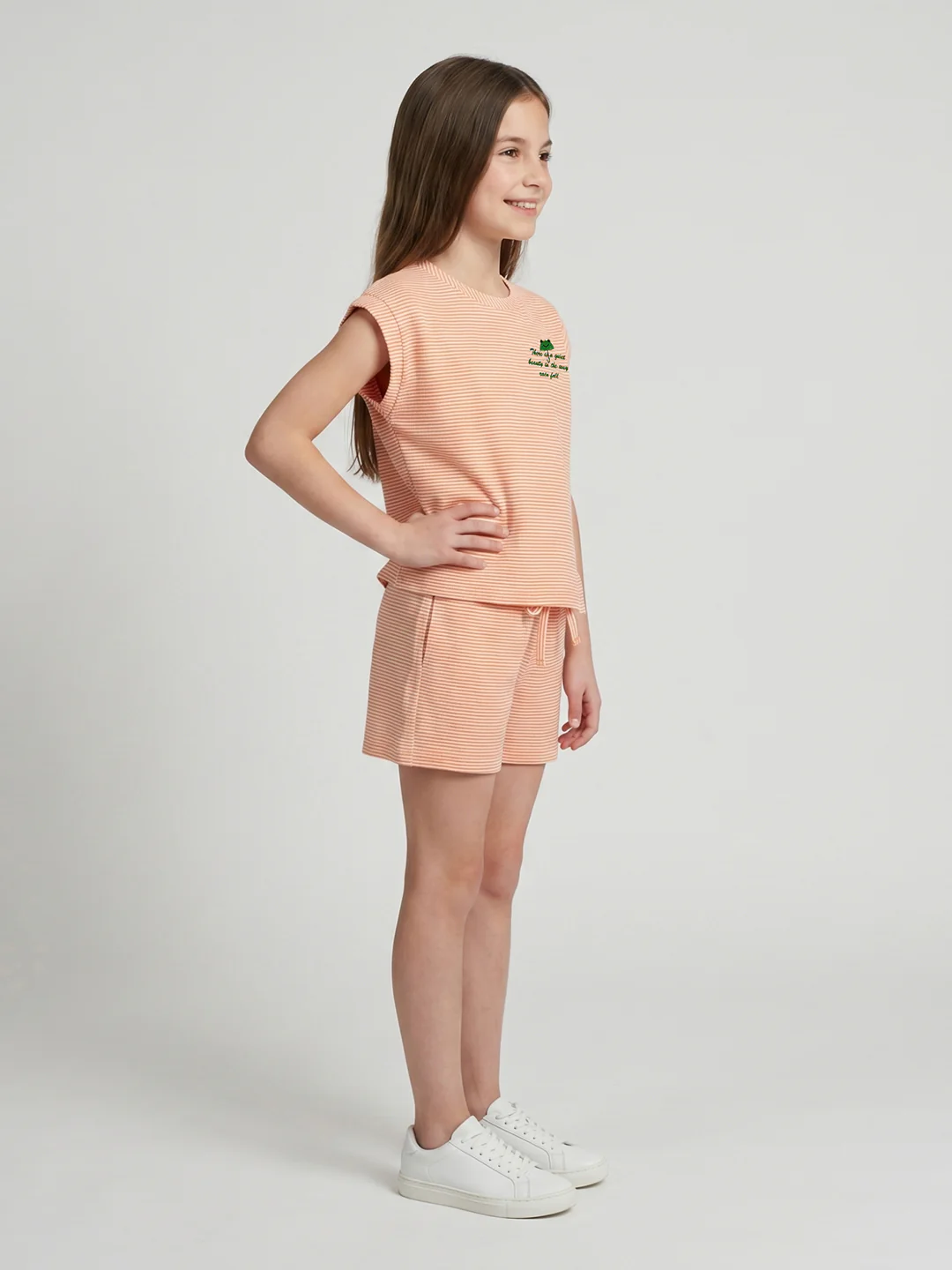 Girls Orange Jacquard Round Neck Half Sleeve Cords Set - Image 2