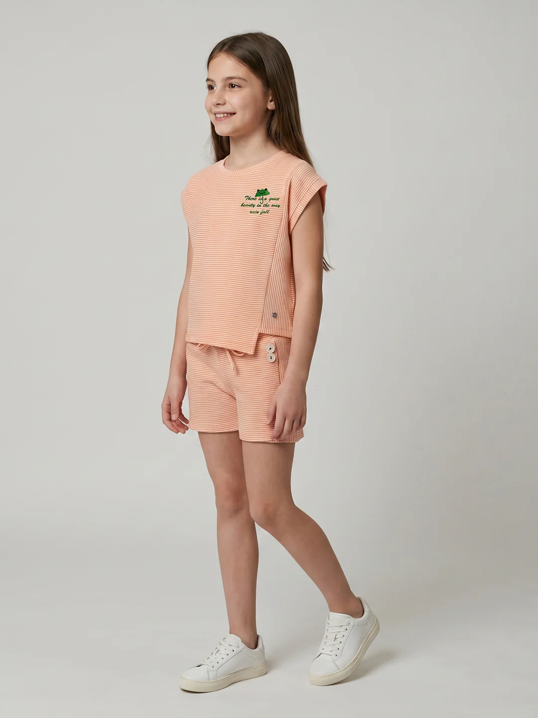 Girls Orange Jacquard Round Neck Half Sleeve Cords Set - Image 3