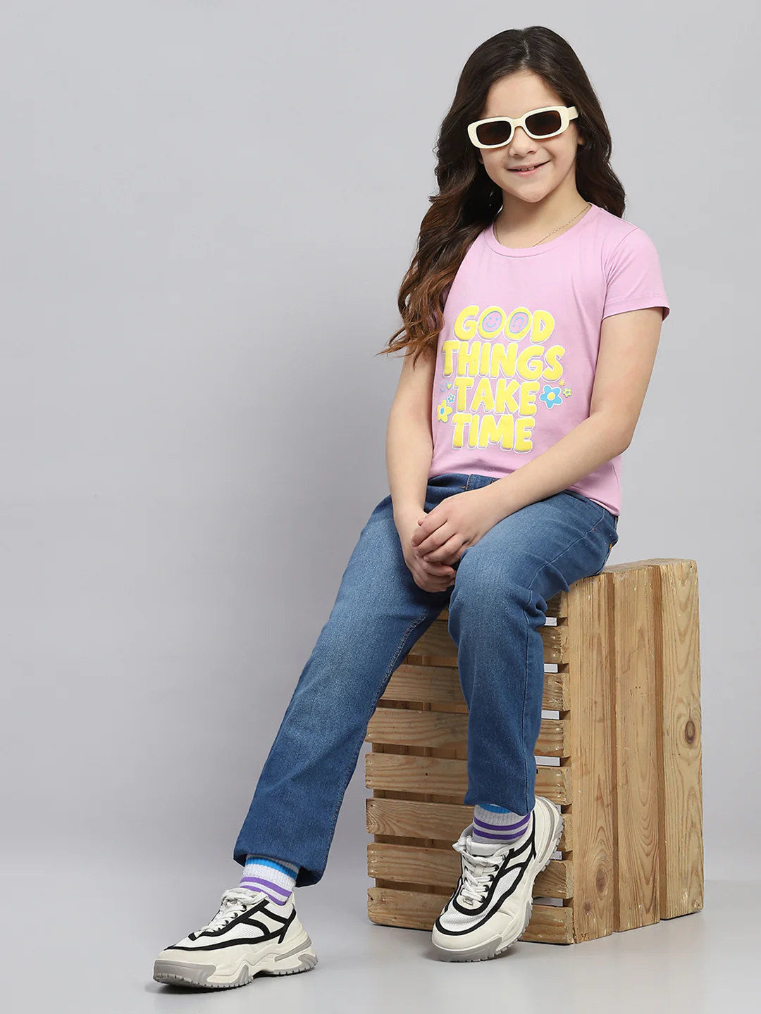 Girls Orange & Pink Printed Round Neck Half Sleeve Top 2Pc Set - Image 2