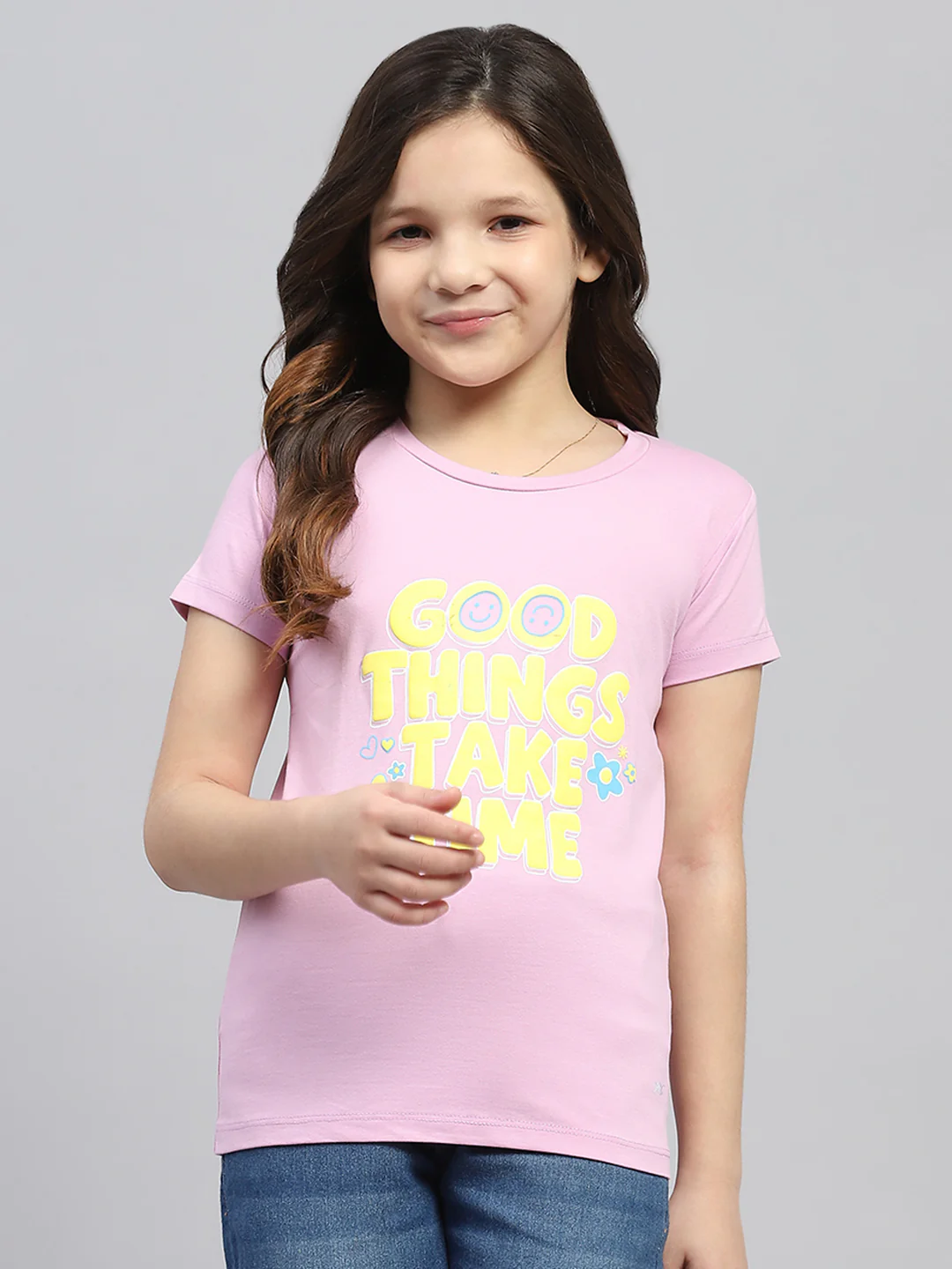Girls Orange & Pink Printed Round Neck Half Sleeve Top 2Pc Set - Image 3