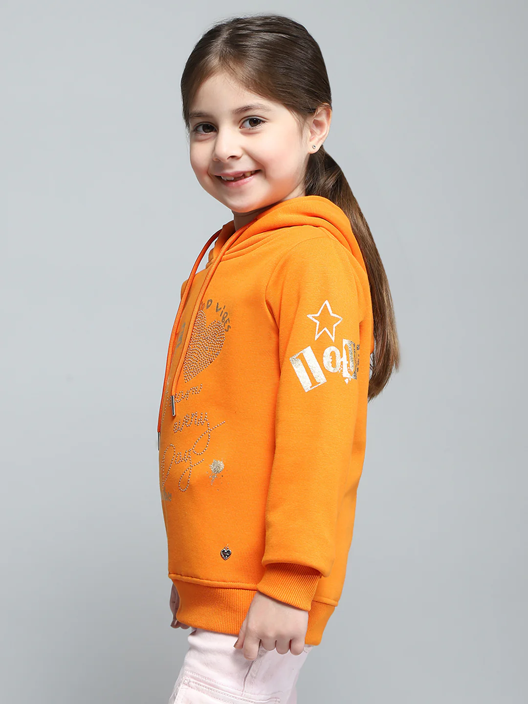 Girls Orange Printed Hooded Full Sleeve Sweatshirt - Image 3