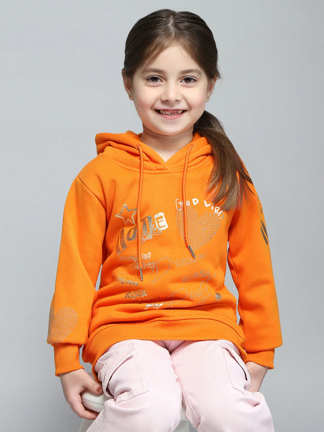 Girls Orange Printed Hooded Full Sleeve Sweatshirt - Image 6