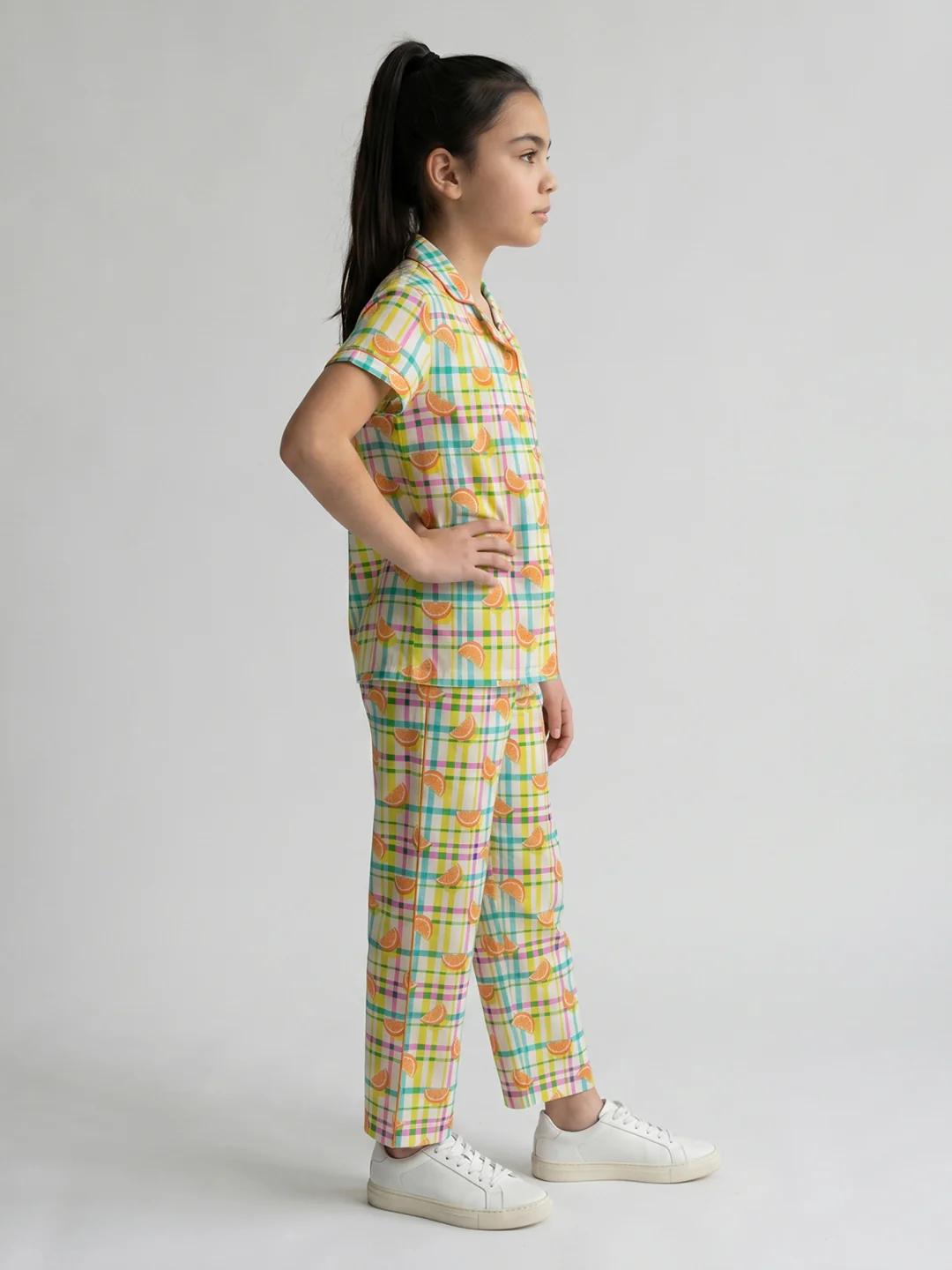 Girls Orange Printed Revere Collar Half Sleeve Cords Set - Image 2