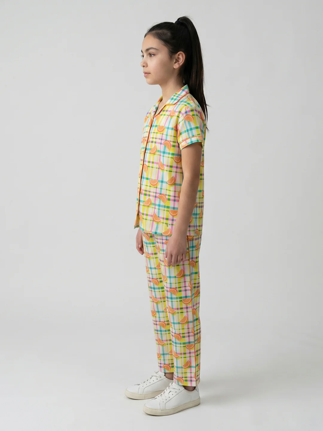 Girls Orange Printed Revere Collar Half Sleeve Cords Set - Image 3