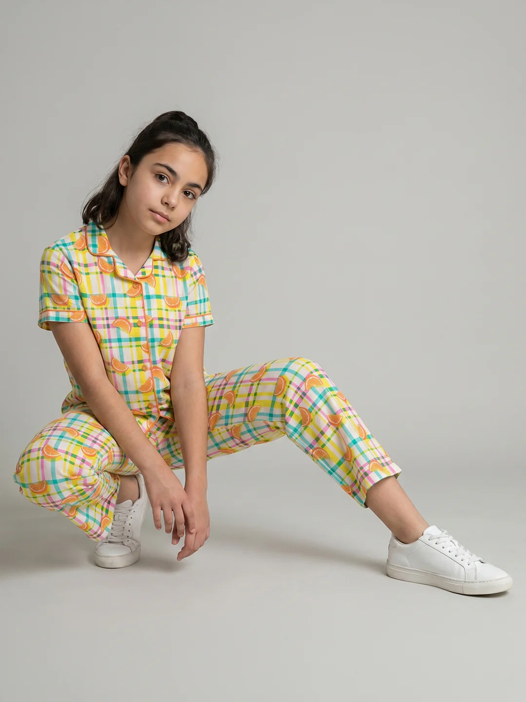 Girls Orange Printed Revere Collar Half Sleeve Cords Set - Image 5