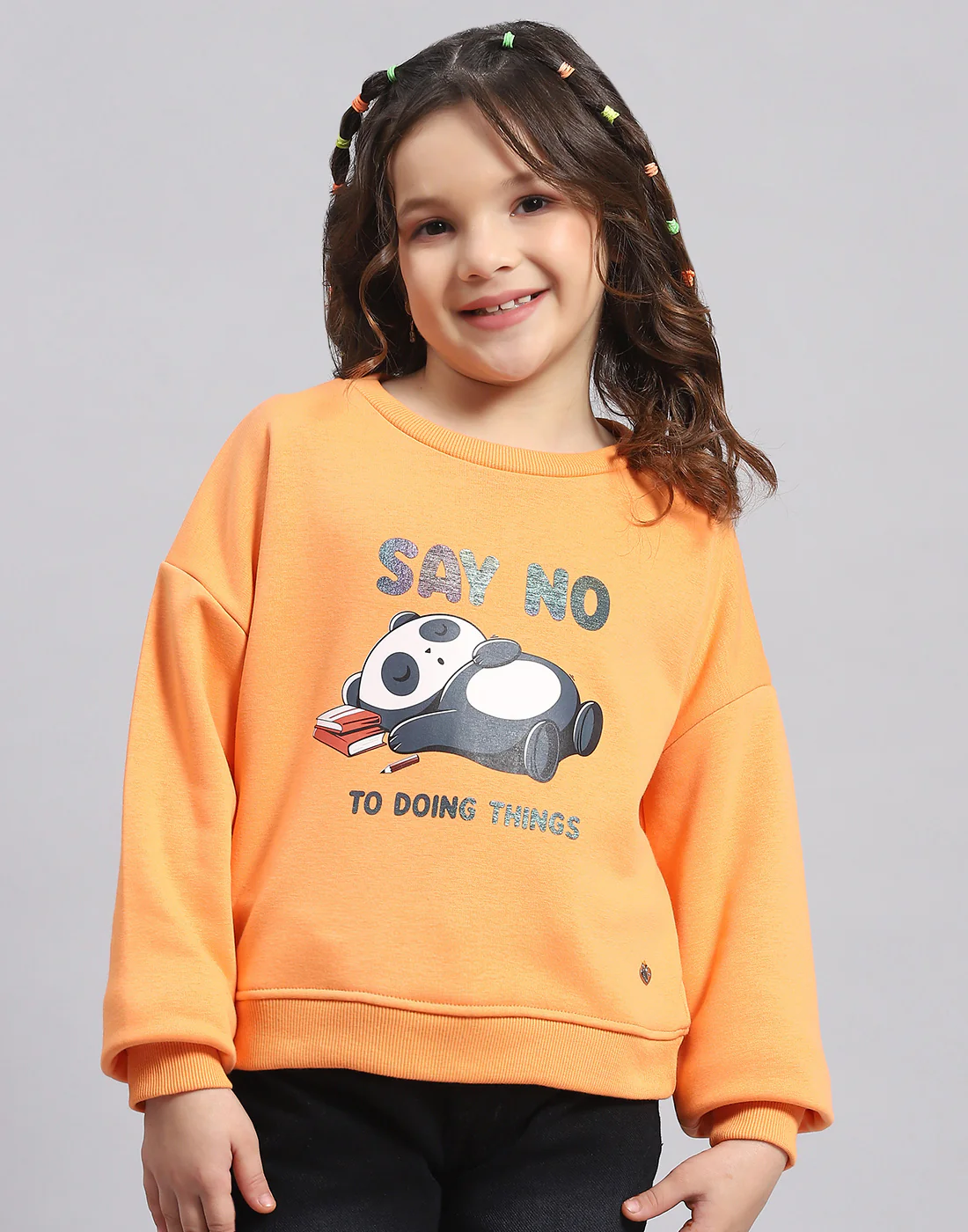 Girls Orange Printed Round Neck Full Sleeve Sweatshirt - Image 3