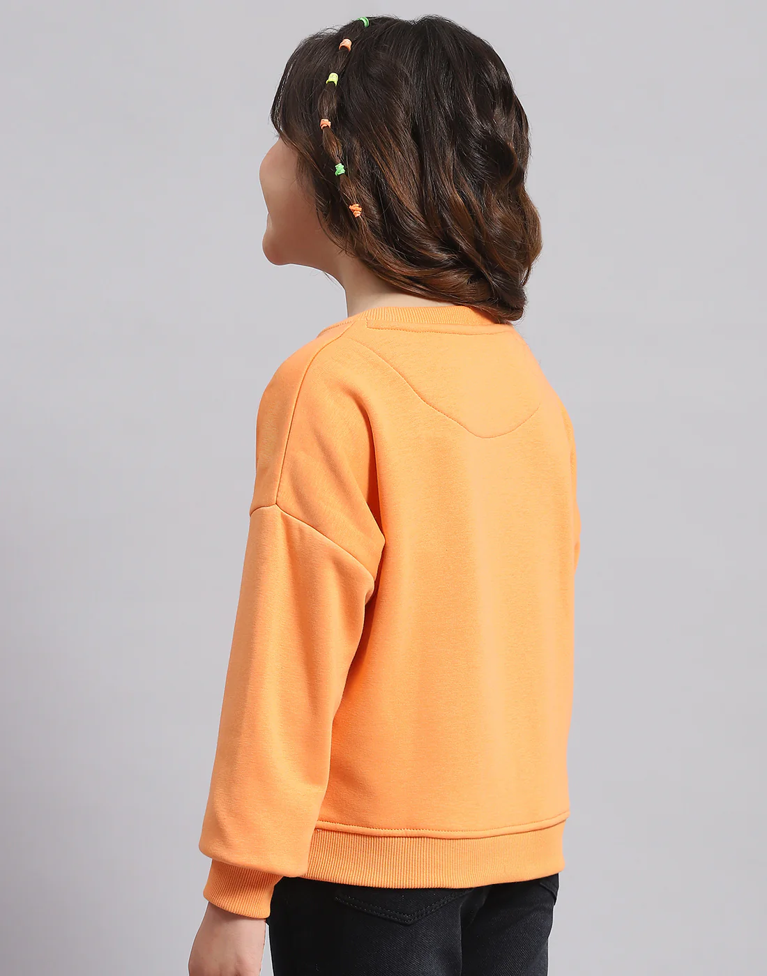 Girls Orange Printed Round Neck Full Sleeve Sweatshirt - Image 6