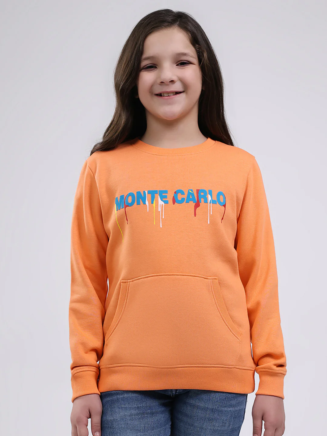 Girls Orange Printed Round Neck Full Sleeve Sweatshirt
