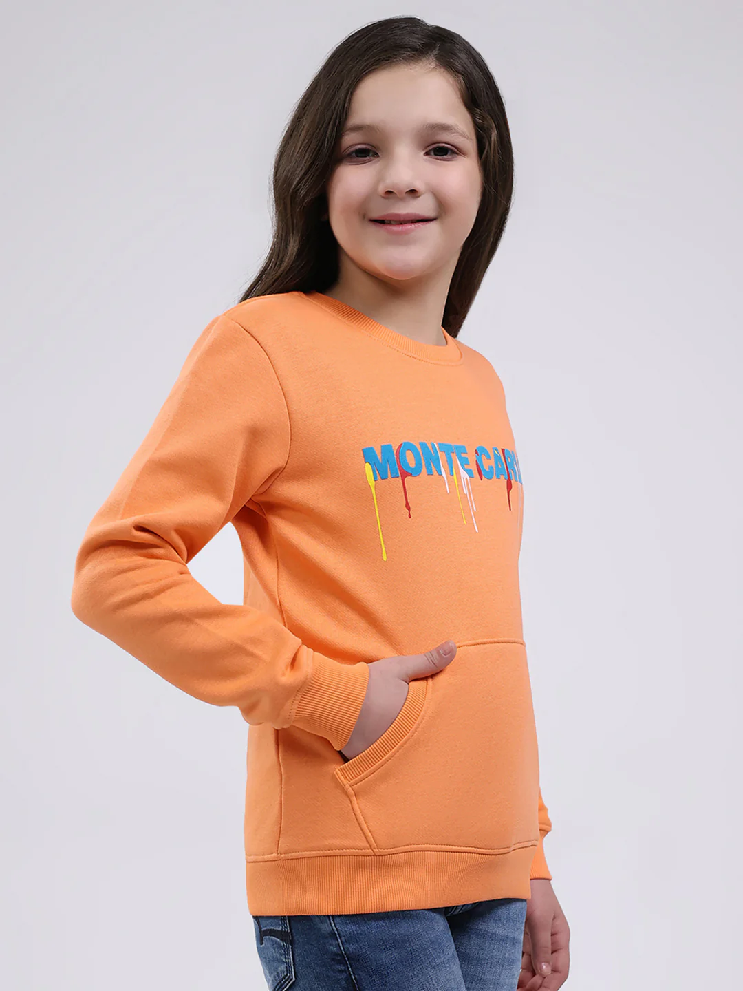 Girls Orange Printed Round Neck Full Sleeve Sweatshirt - Image 4