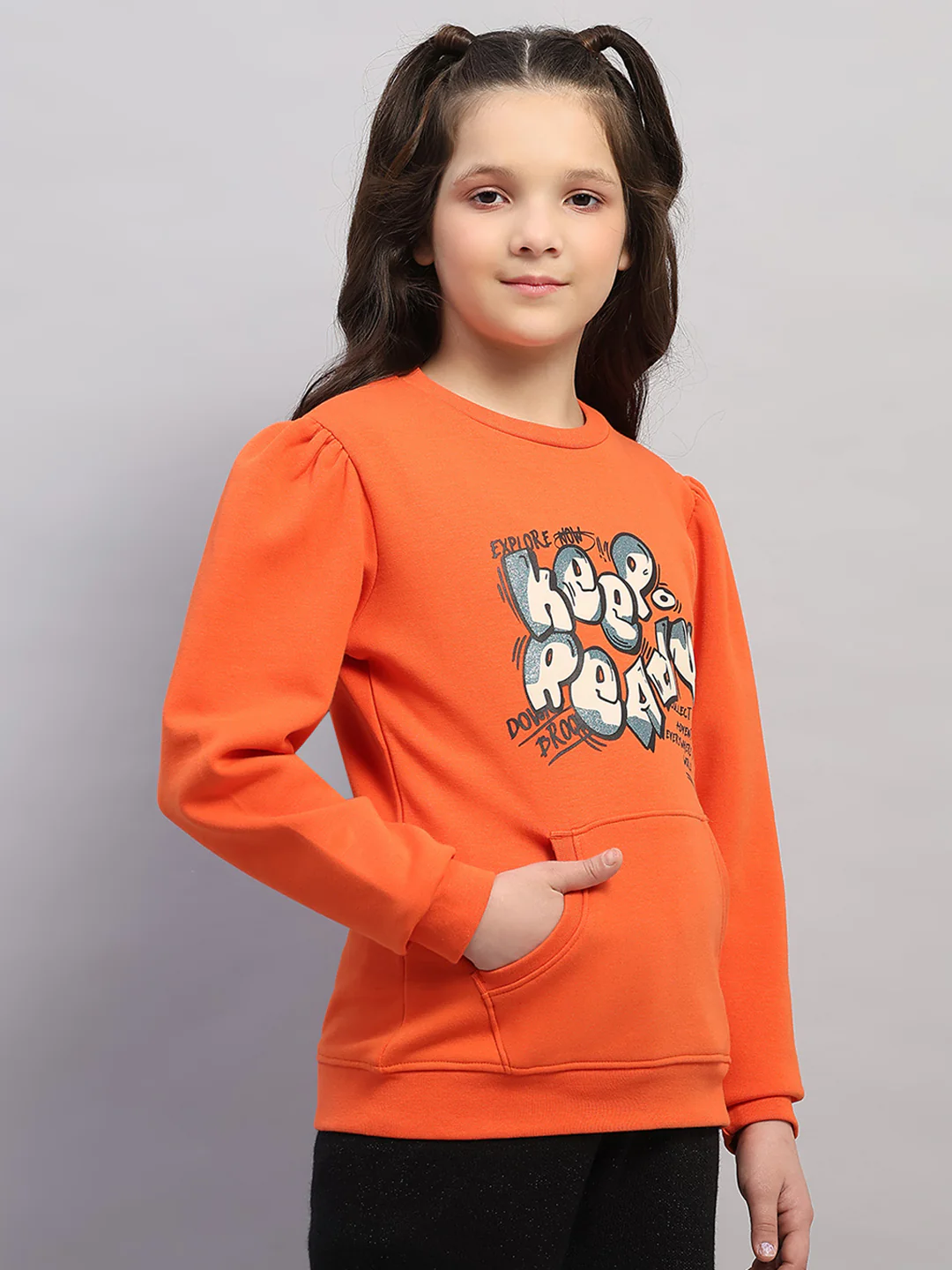 Girls Orange Printed Round Neck Full Sleeve Sweatshirt - Image 4