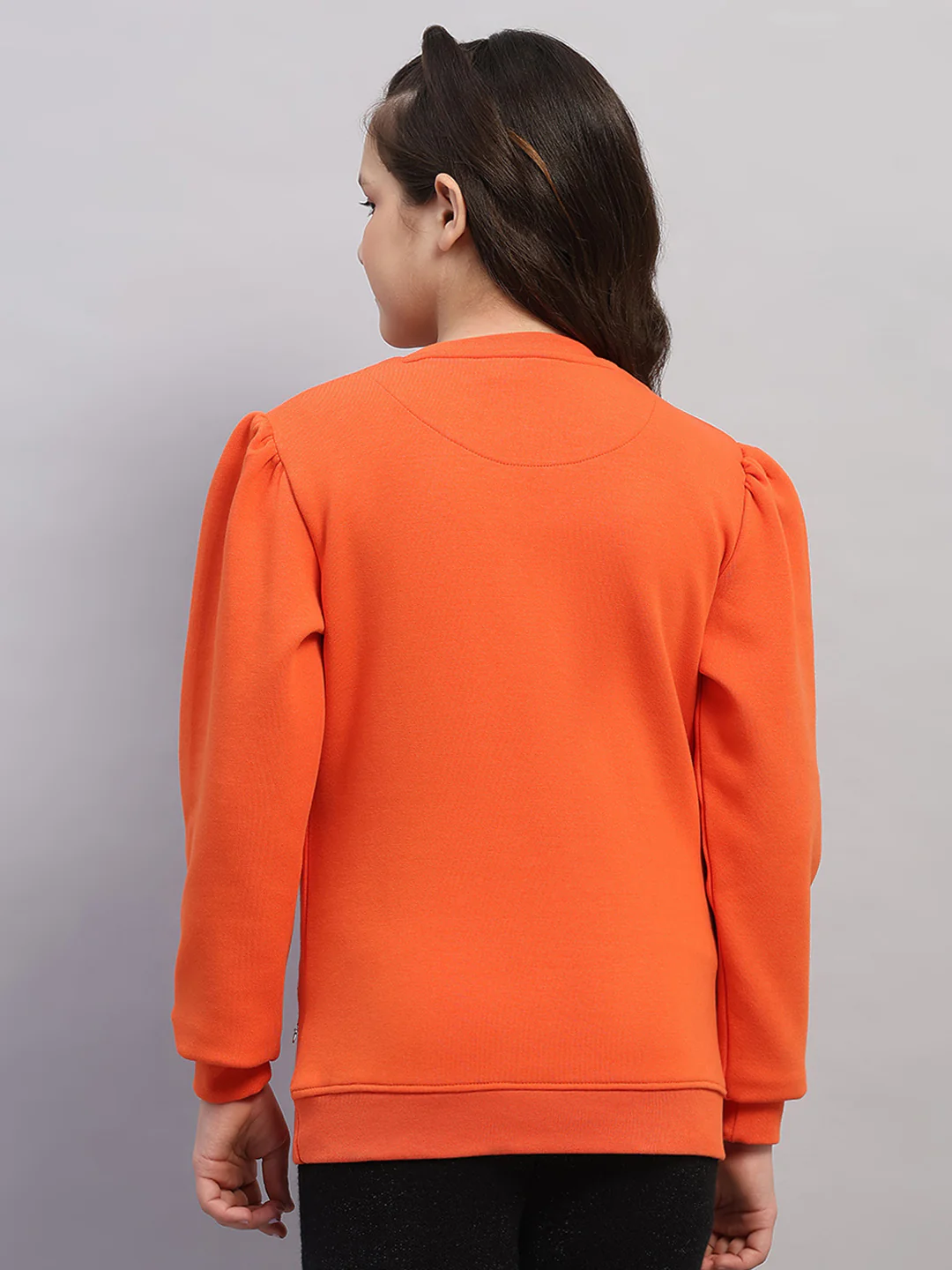 Girls Orange Printed Round Neck Full Sleeve Sweatshirt - Image 5