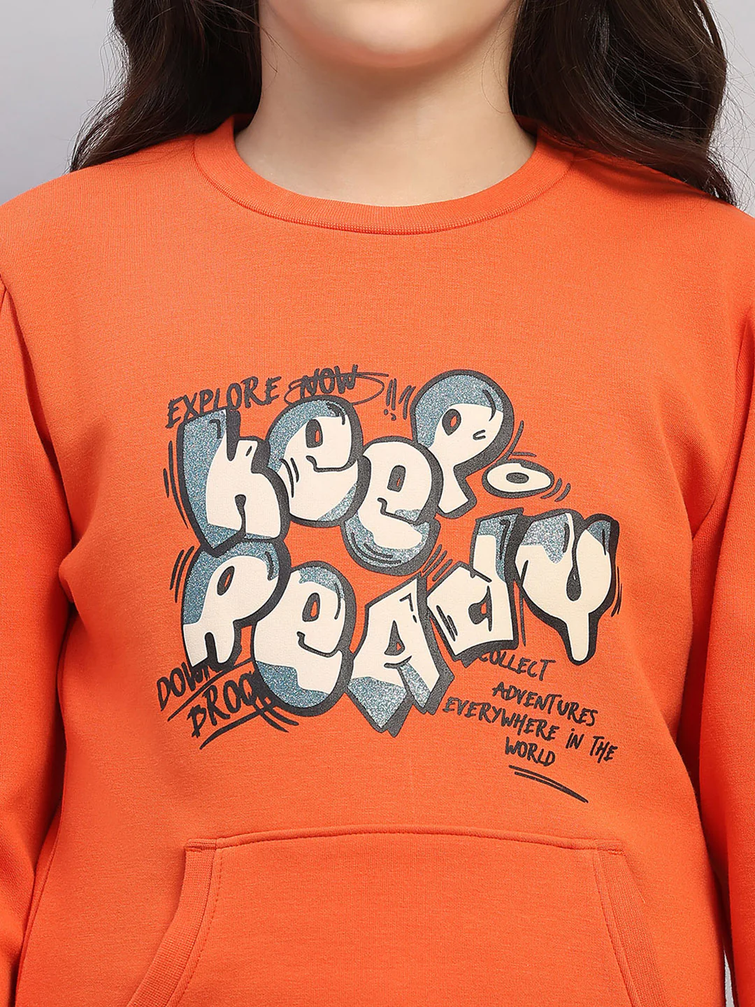 Girls Orange Printed Round Neck Full Sleeve Sweatshirt - Image 7