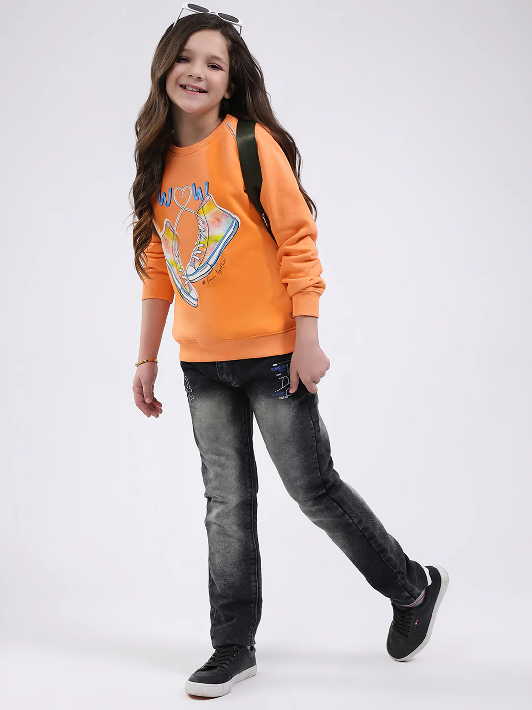 Girls Orange Printed Round Neck Full Sleeve Sweatshirt - Image 2