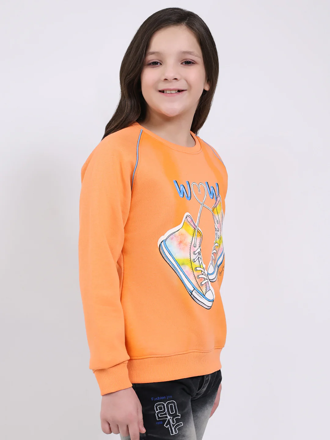 Girls Orange Printed Round Neck Full Sleeve Sweatshirt - Image 4
