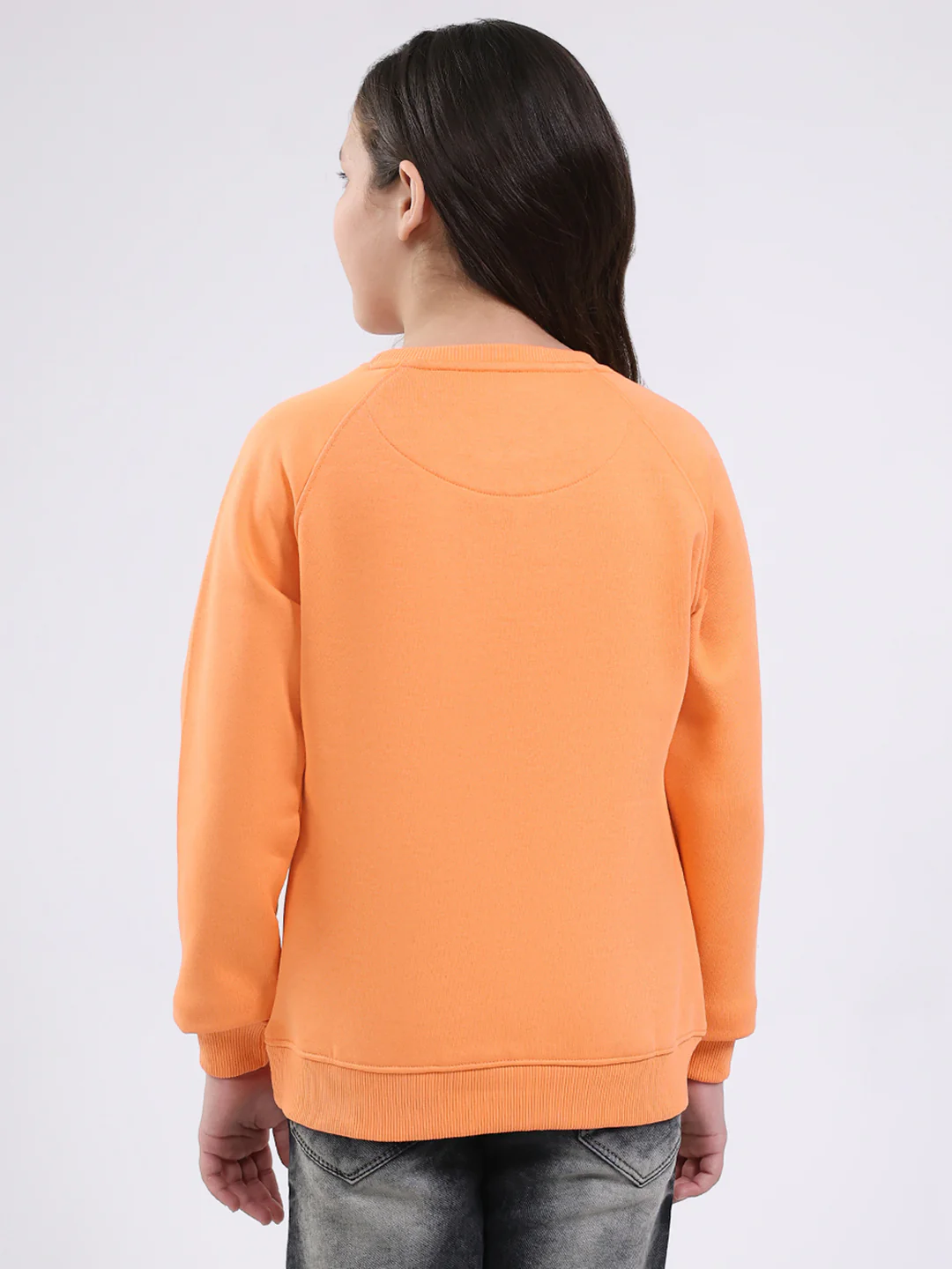 Girls Orange Printed Round Neck Full Sleeve Sweatshirt - Image 5