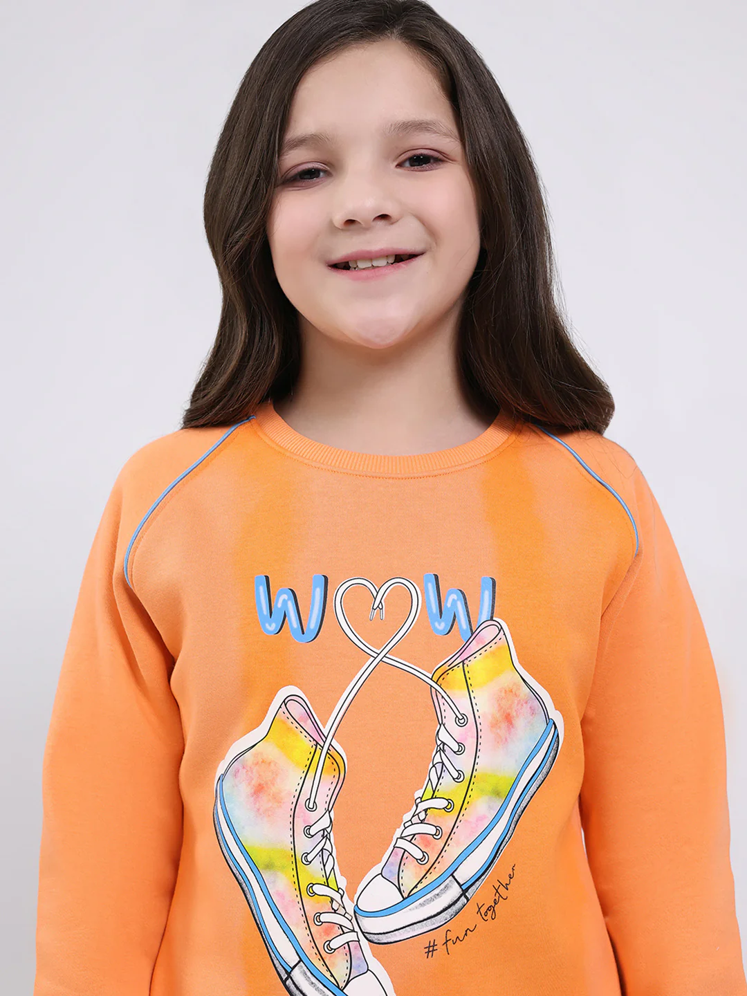 Girls Orange Printed Round Neck Full Sleeve Sweatshirt - Image 6