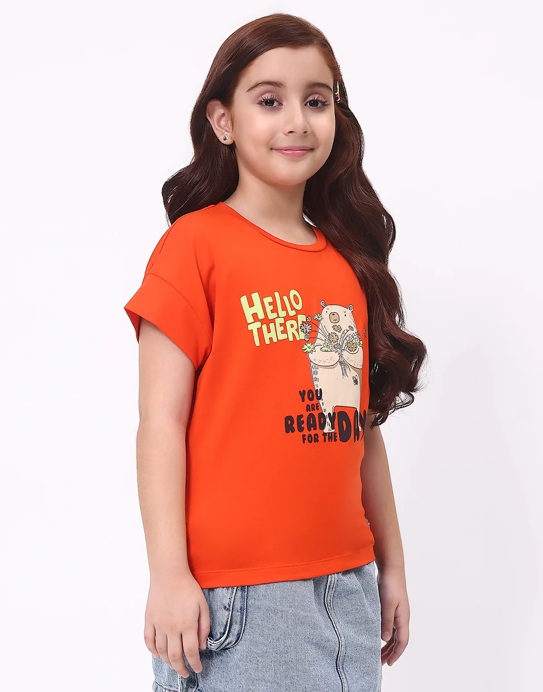 Girls Orange Printed Round Neck Half Sleeve Top - Image 3