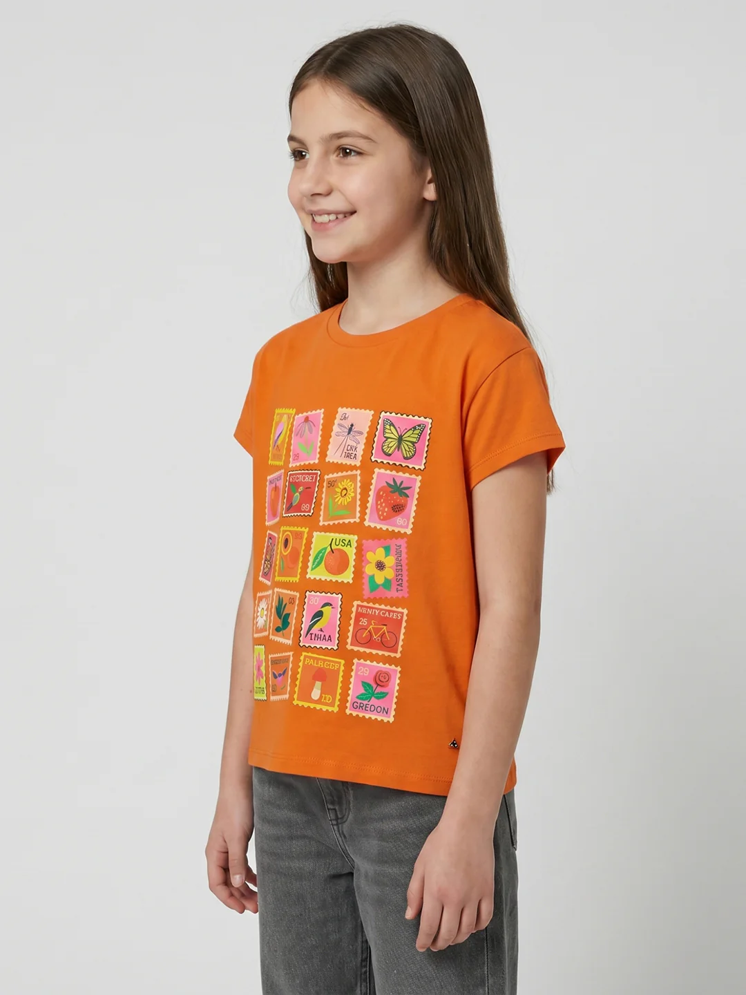 Girls Orange Printed Round Neck Half Sleeve Top - Image 3