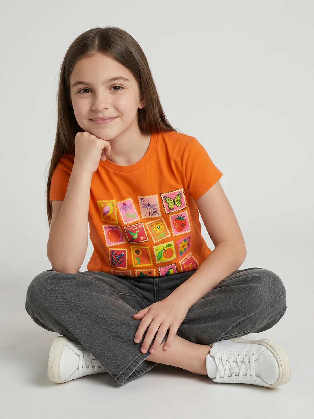 Girls Orange Printed Round Neck Half Sleeve Top - Image 5