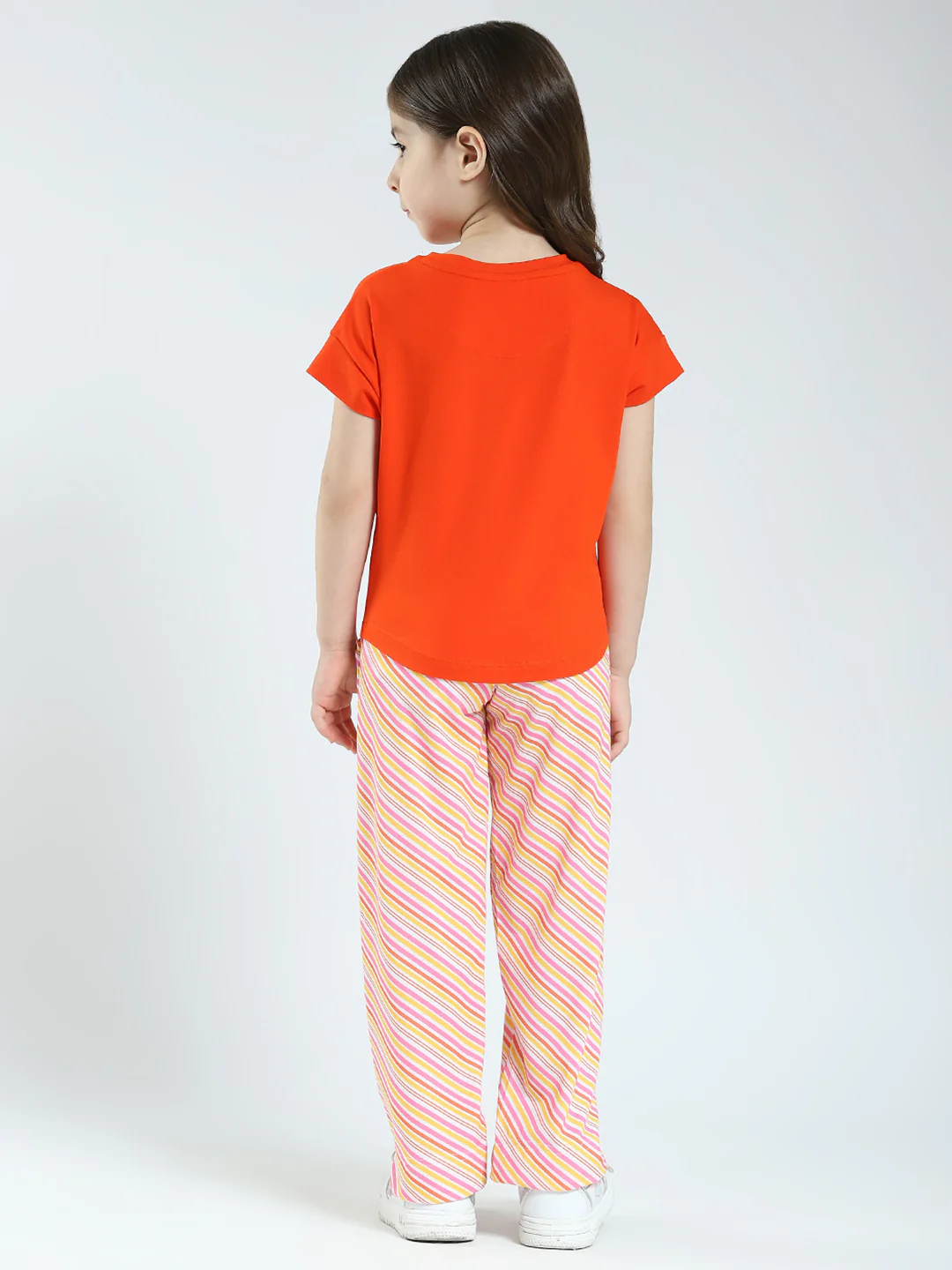 Girls Orange Printed Round Neck Half Sleeve Lower Set - Image 5