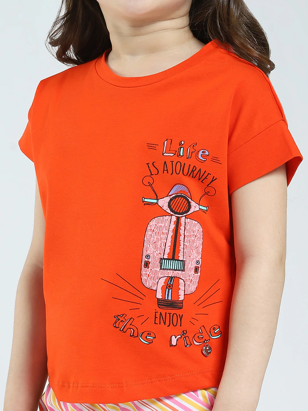 Girls Orange Printed Round Neck Half Sleeve Lower Set - Image 7