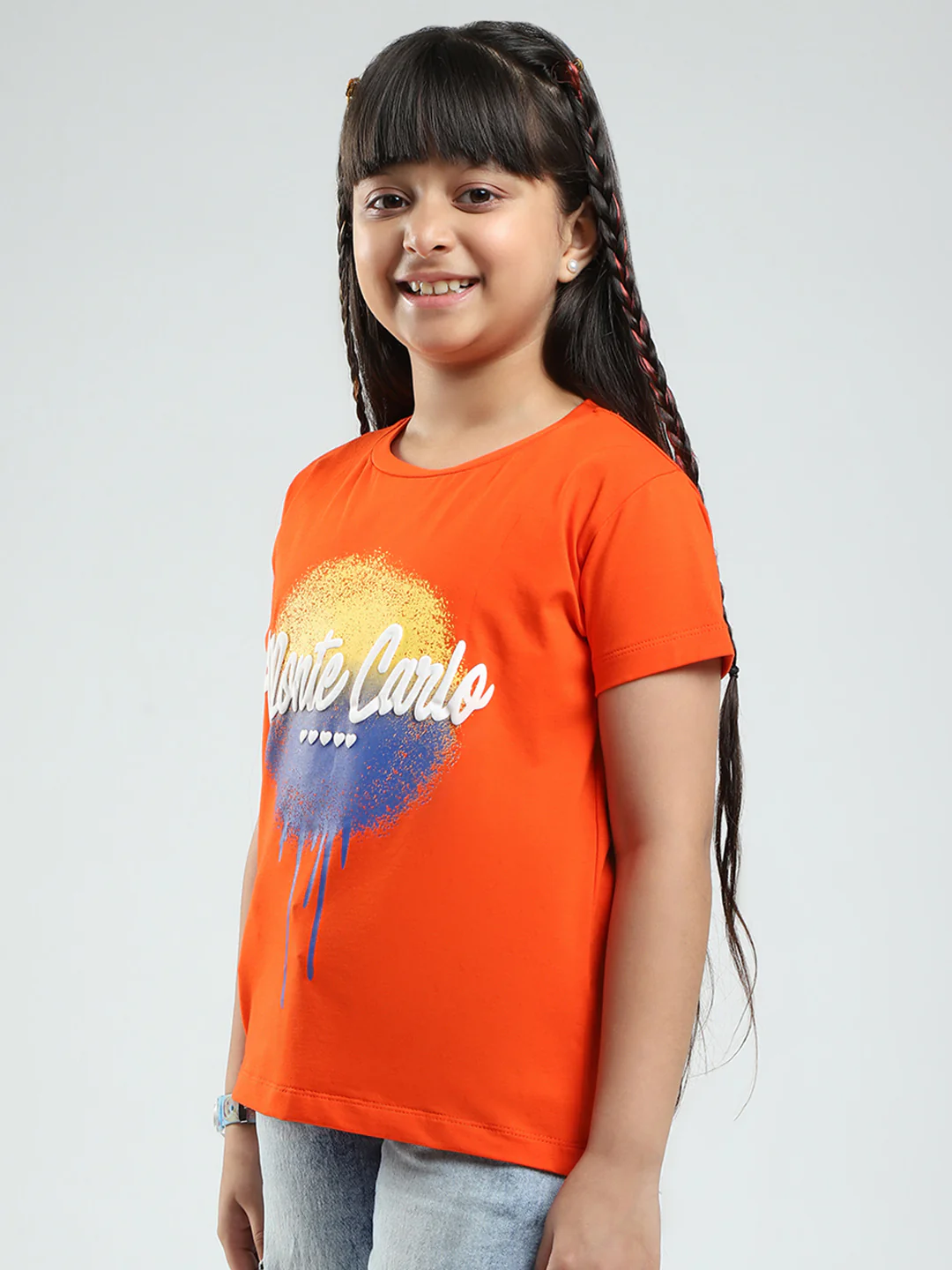 Girls Orange Printed Round Neck Half Sleeve Top - Image 3