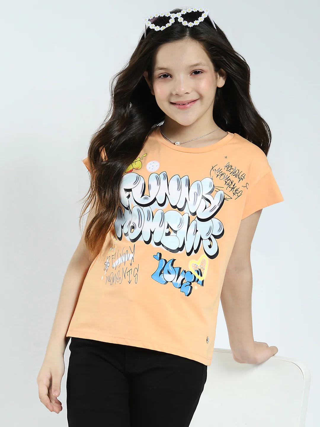Girls Orange Printed Round Neck Half Sleeve Top - Image 6