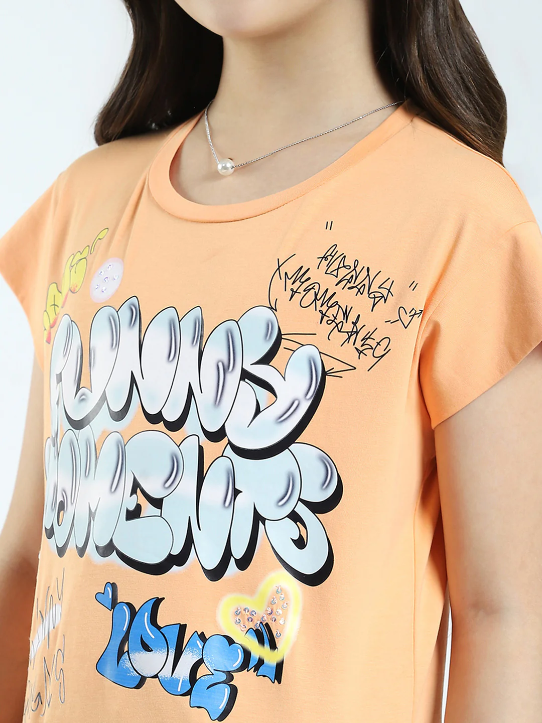 Girls Orange Printed Round Neck Half Sleeve Top - Image 7