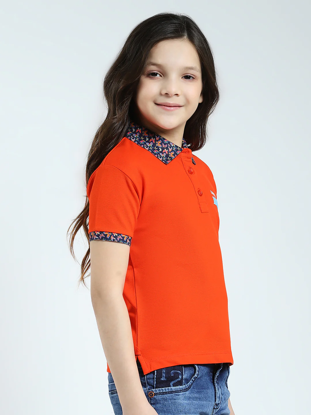 Girls Orange Solid Collar Half Sleeve T-Shirt - Image 4