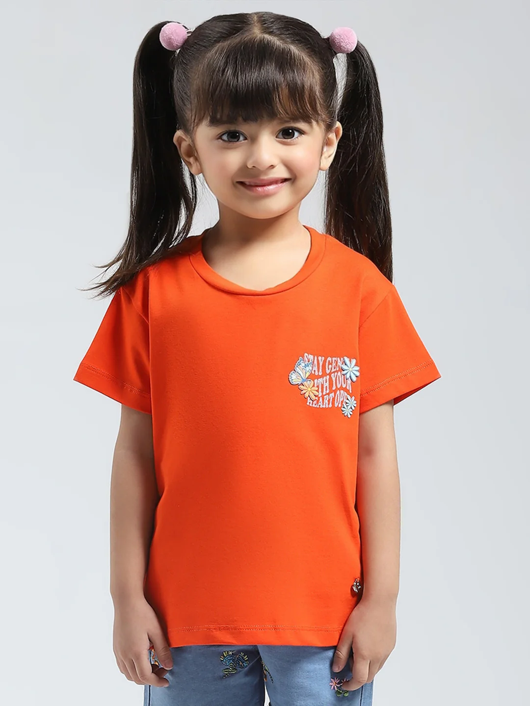Girls Orange Solid Round Neck Half Sleeve Top - Image 3