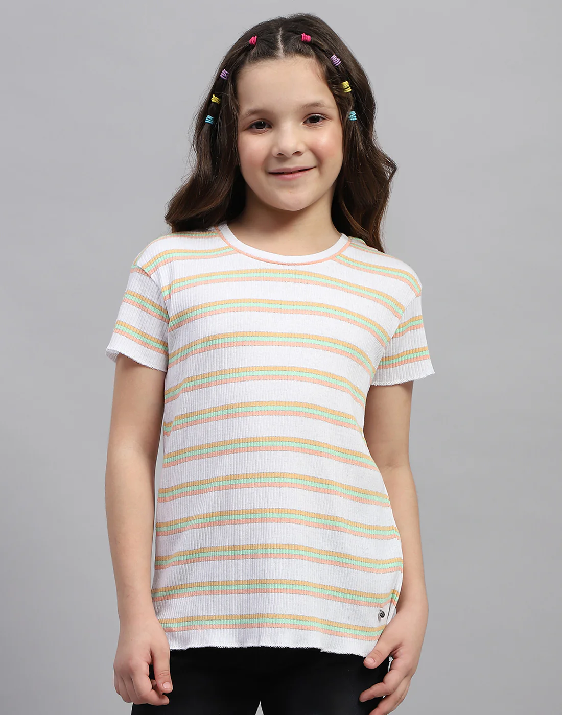 Girls Orange Stripe Round Neck Half Sleeve Top - Image 2