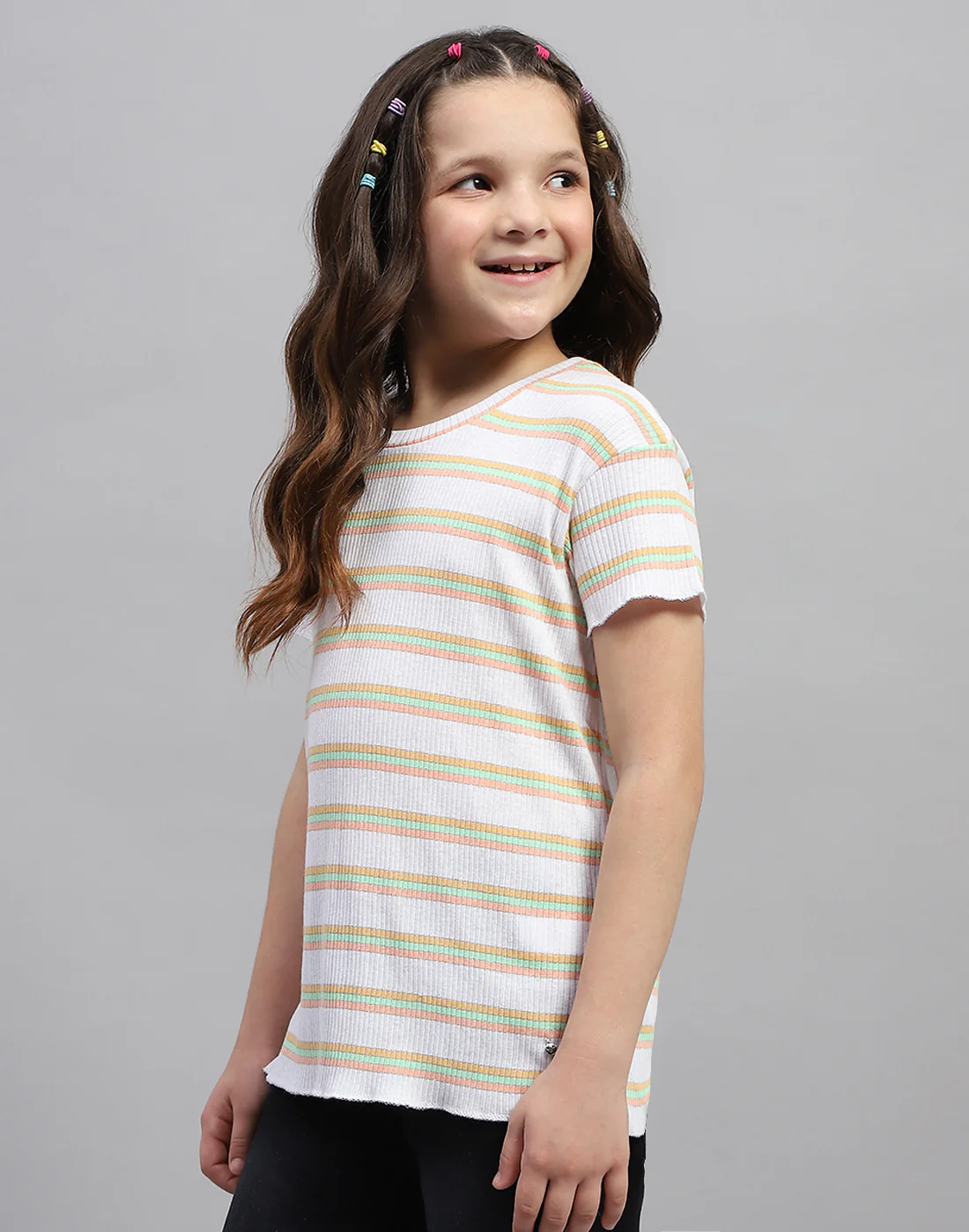 Girls Orange Stripe Round Neck Half Sleeve Top - Image 3