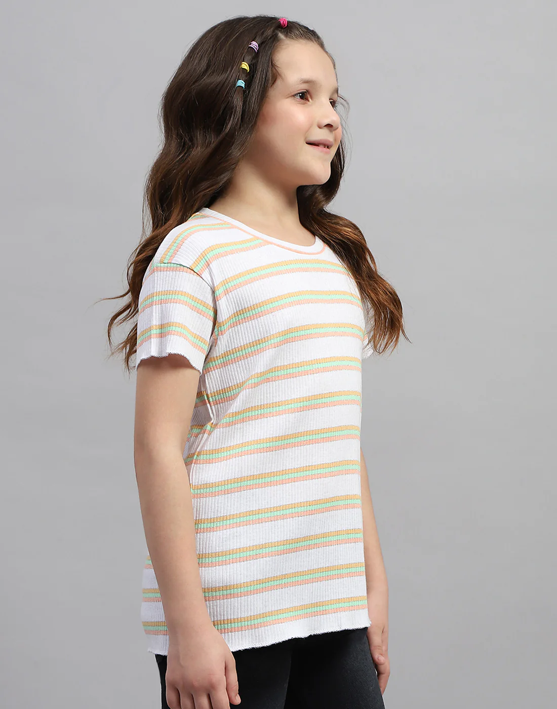 Girls Orange Stripe Round Neck Half Sleeve Top - Image 4
