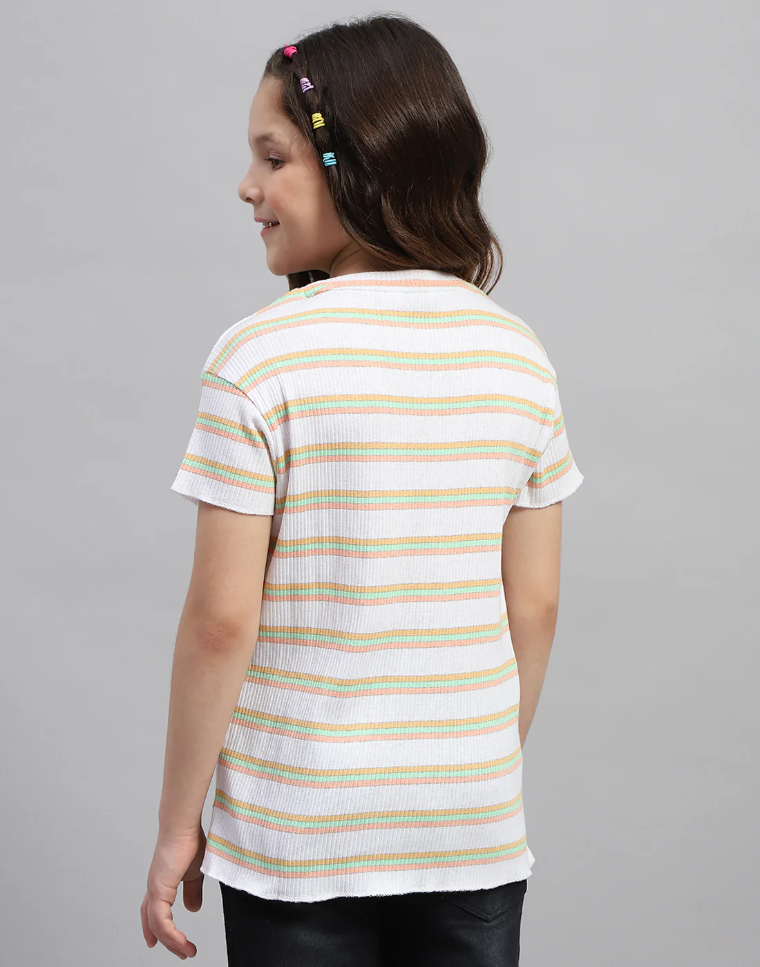 Girls Orange Stripe Round Neck Half Sleeve Top - Image 5