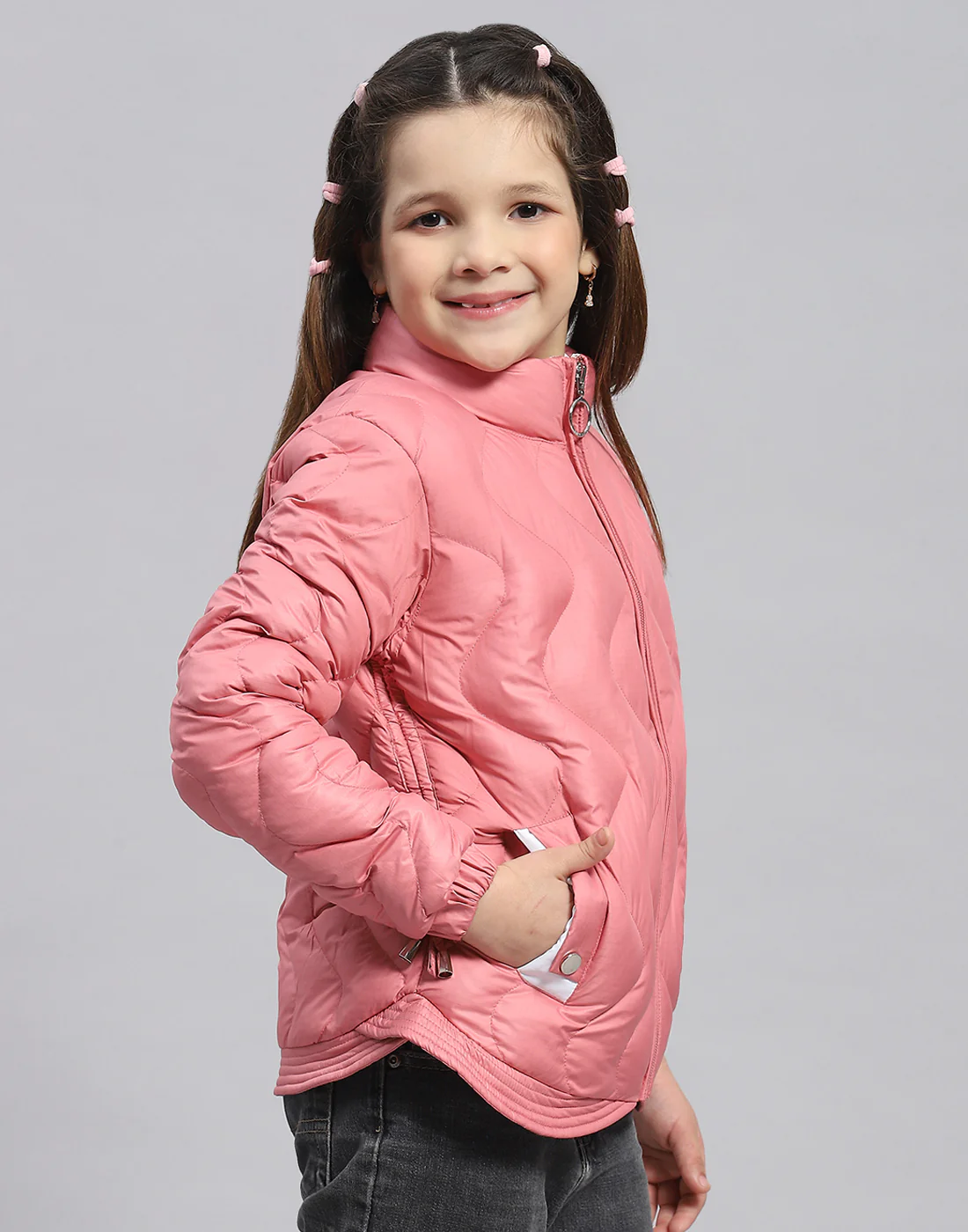 Girls Peach Check Stand Collar Full Sleeve Girls Jacket - Image 4