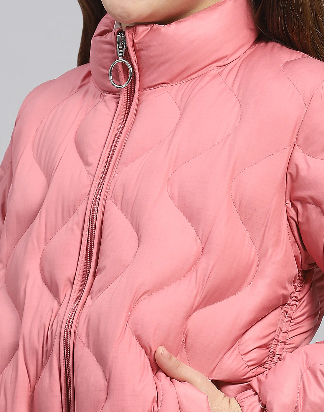 Girls Peach Check Stand Collar Full Sleeve Girls Jacket - Image 6