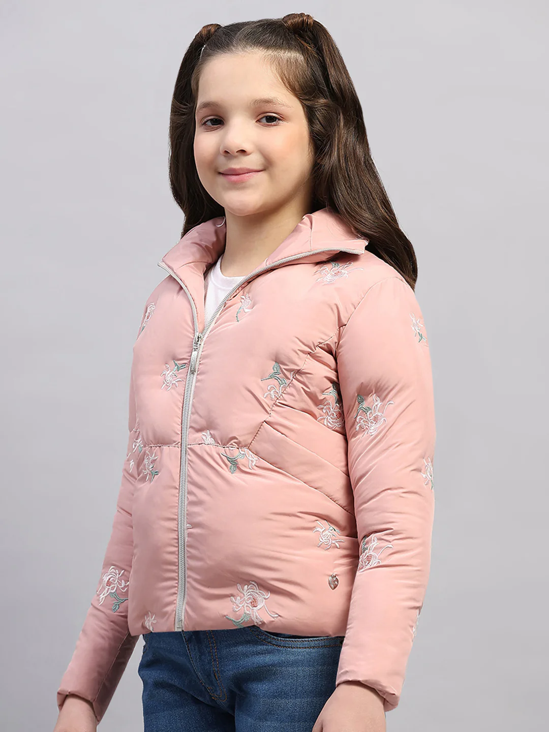 Girls Peach Embroidered Collar Full Sleeve Jacket - Image 3