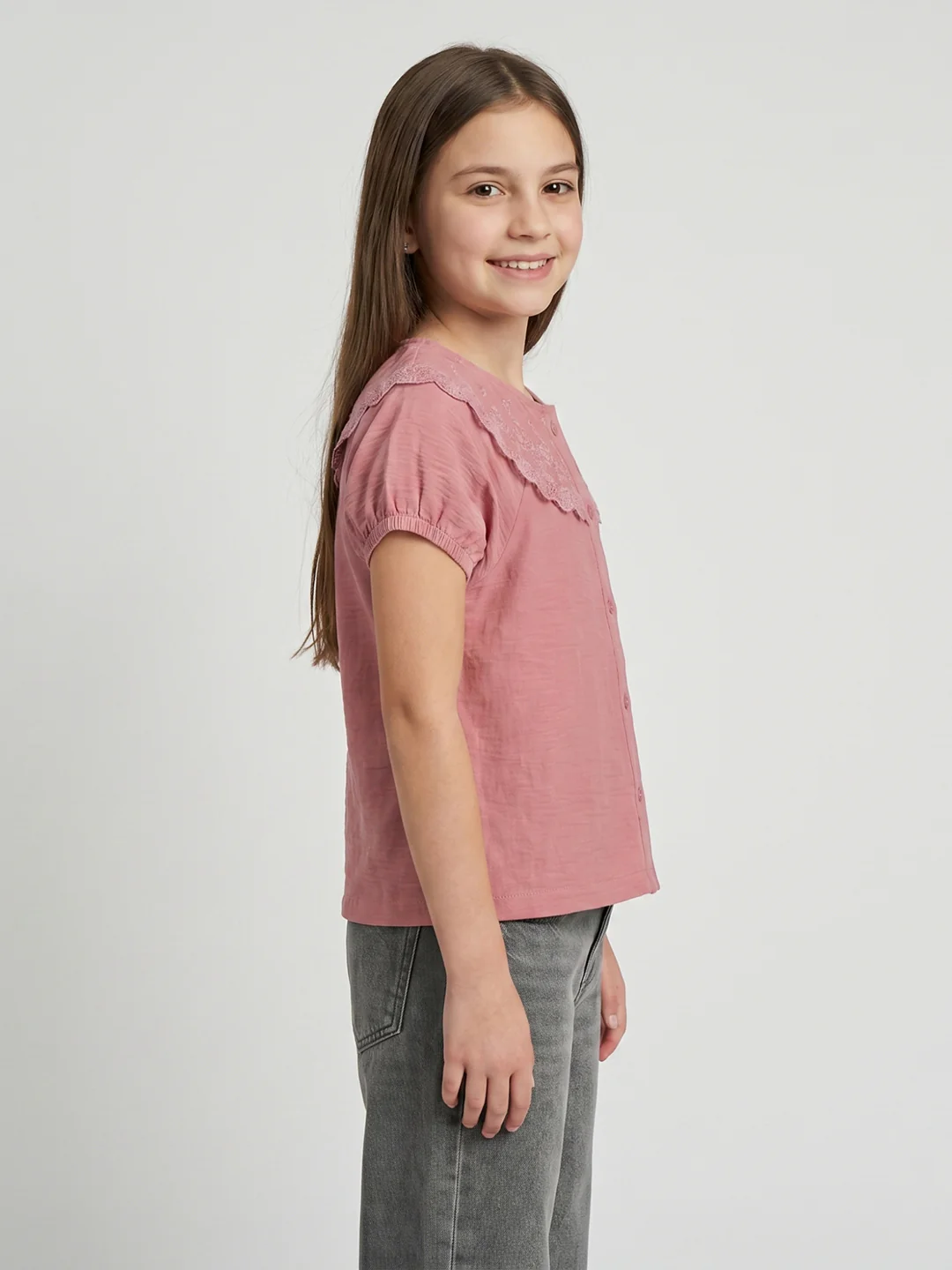 Girls Peach Embroidered Henley Neck Half Sleeve Top - Image 2