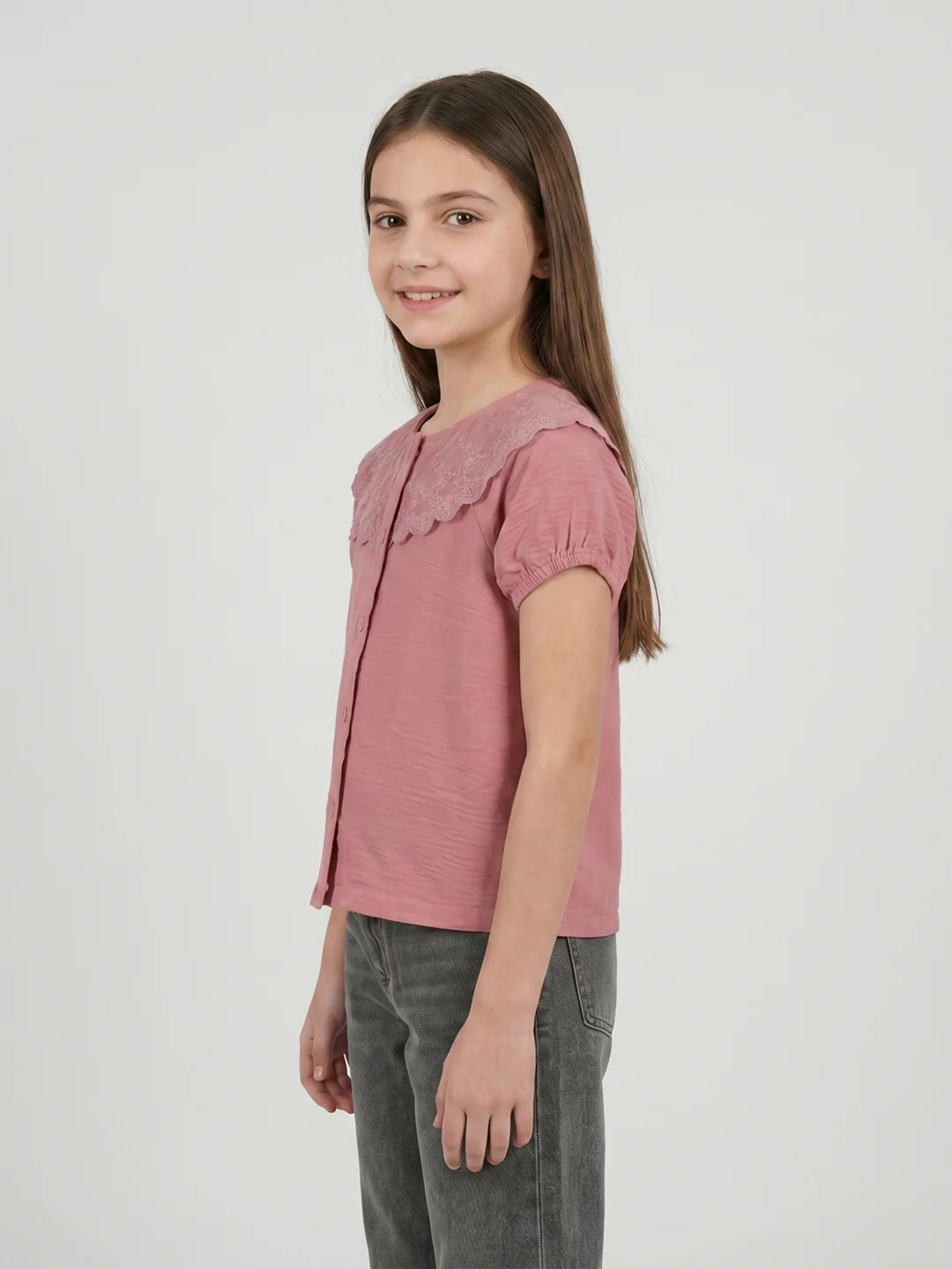 Girls Peach Embroidered Henley Neck Half Sleeve Top - Image 3