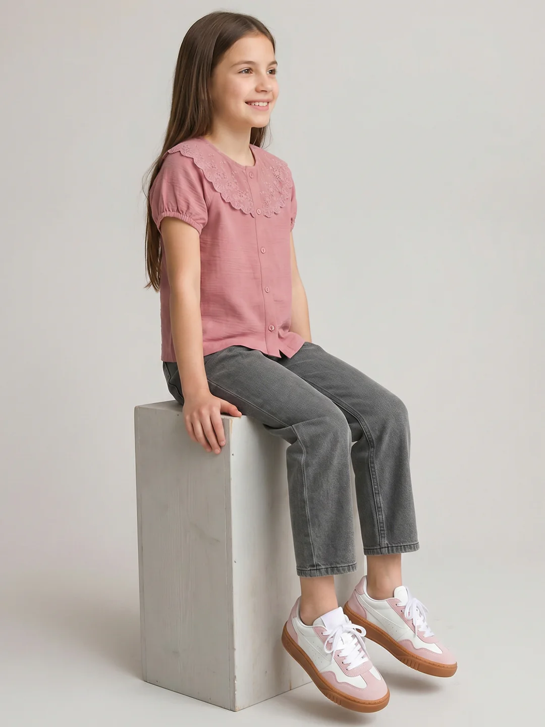Girls Peach Embroidered Henley Neck Half Sleeve Top - Image 5