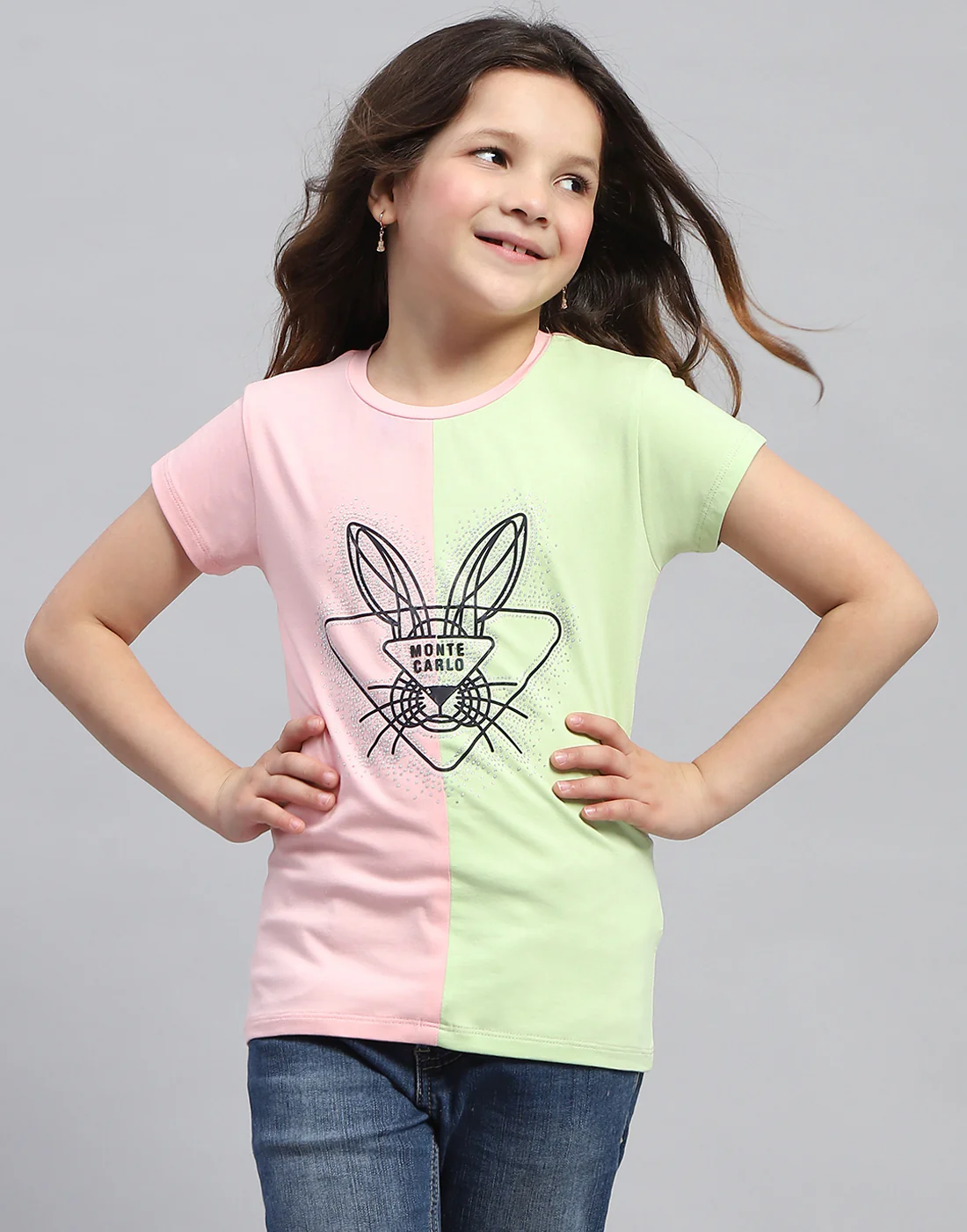 Girls Peach & Green Printed Round Neck Half Sleeve Top - Image 2