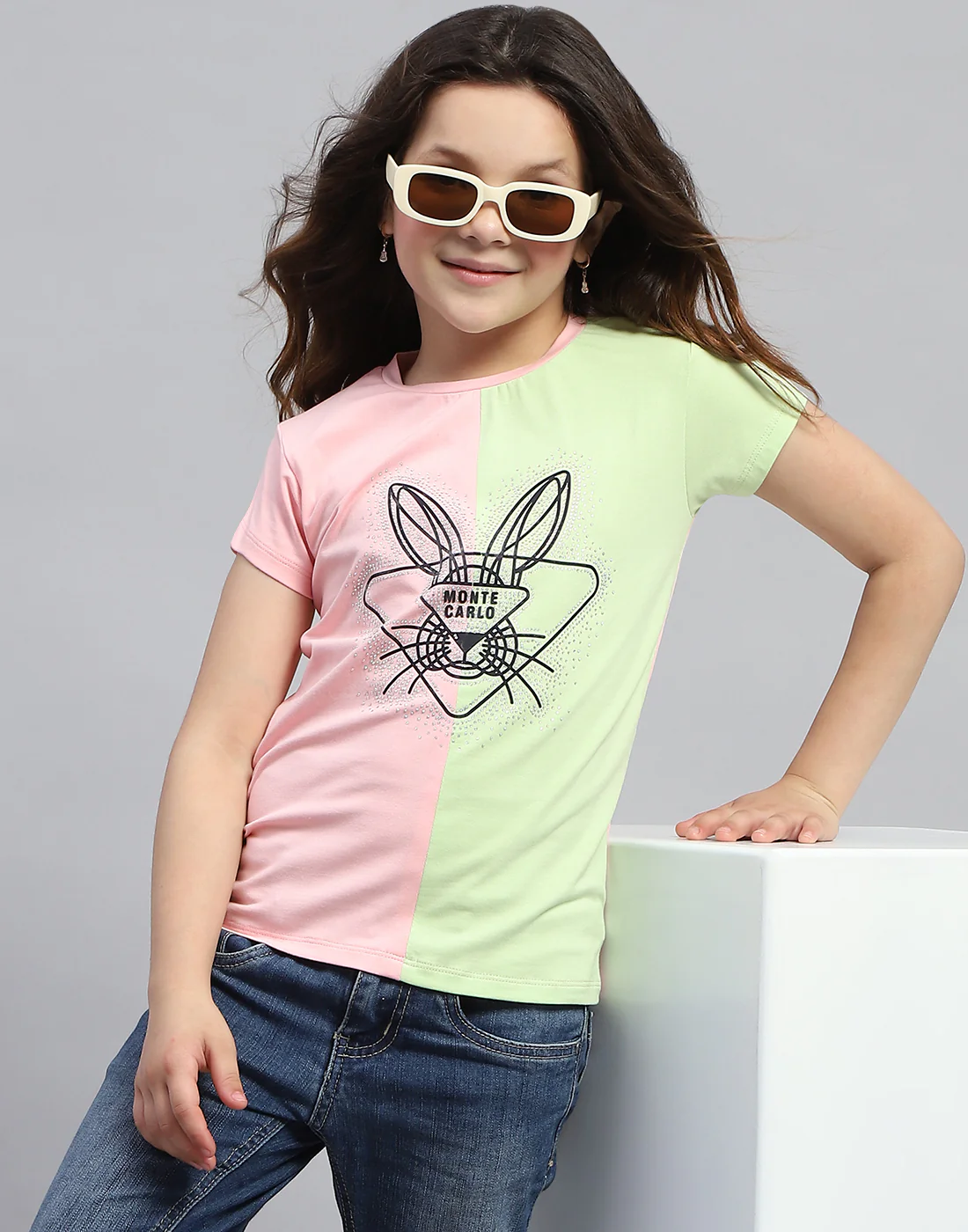 Girls Peach & Green Printed Round Neck Half Sleeve Top - Image 6