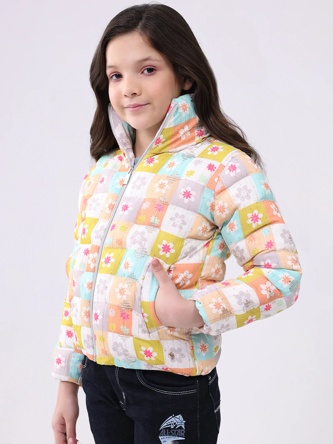 Girls Peach Printed Collar Full Sleeve Jacket - Image 3