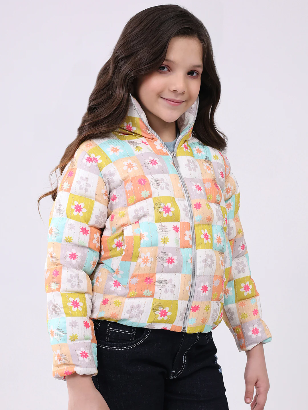 Girls Peach Printed Collar Full Sleeve Jacket - Image 4